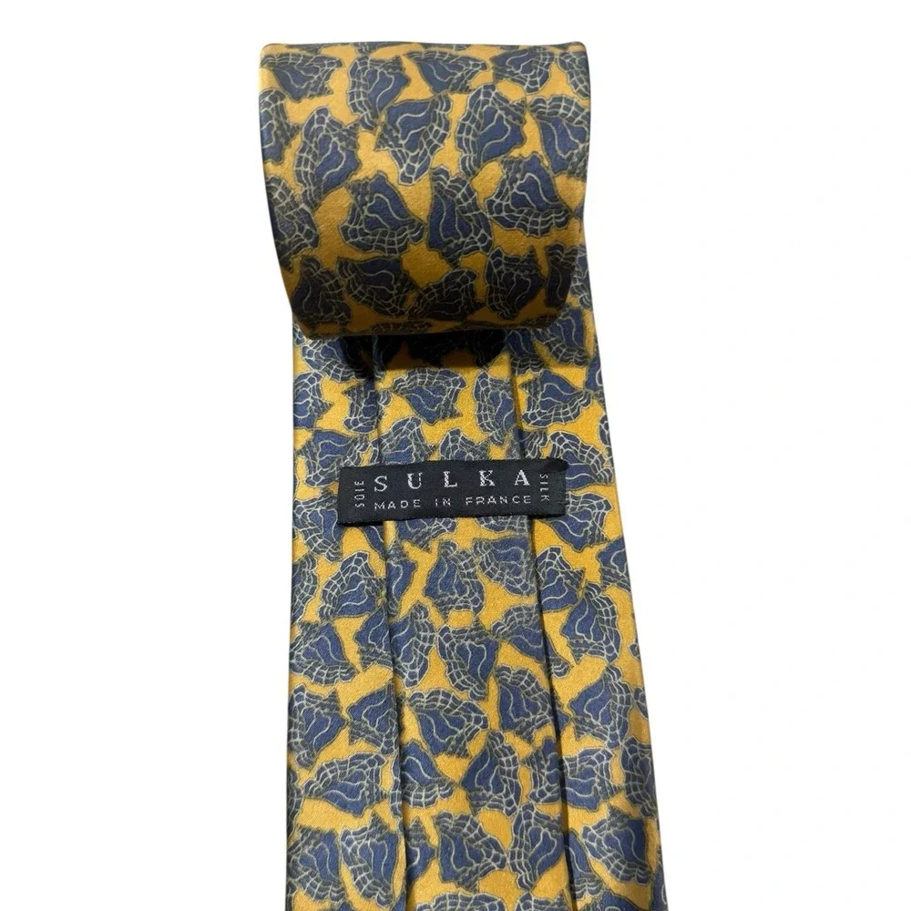 Sulka Mens Tie Gold & Blue Seashells 100% Satin Silk France 4